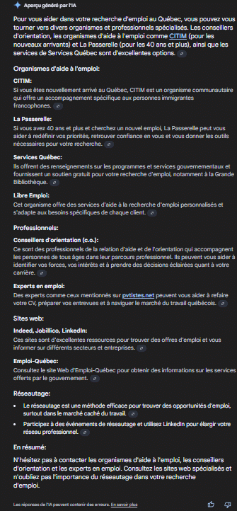 Gemini tente de répondre à la question qui peut m'aider dans me recherche d'emploi