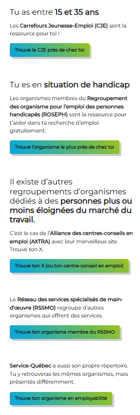 Image présentant les listes d'organismes en employabilité créer par leur regroupement - extrait page ressources - Développons ça