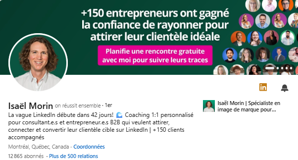 Entête du profil LinkedIn d'Isaël Morin